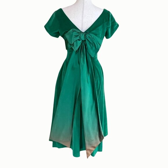 Vtg 1950s Kay Selig Emerald Green Velvet Evening Tea Length Dress Satin Bow Back - Picture 6 of 14